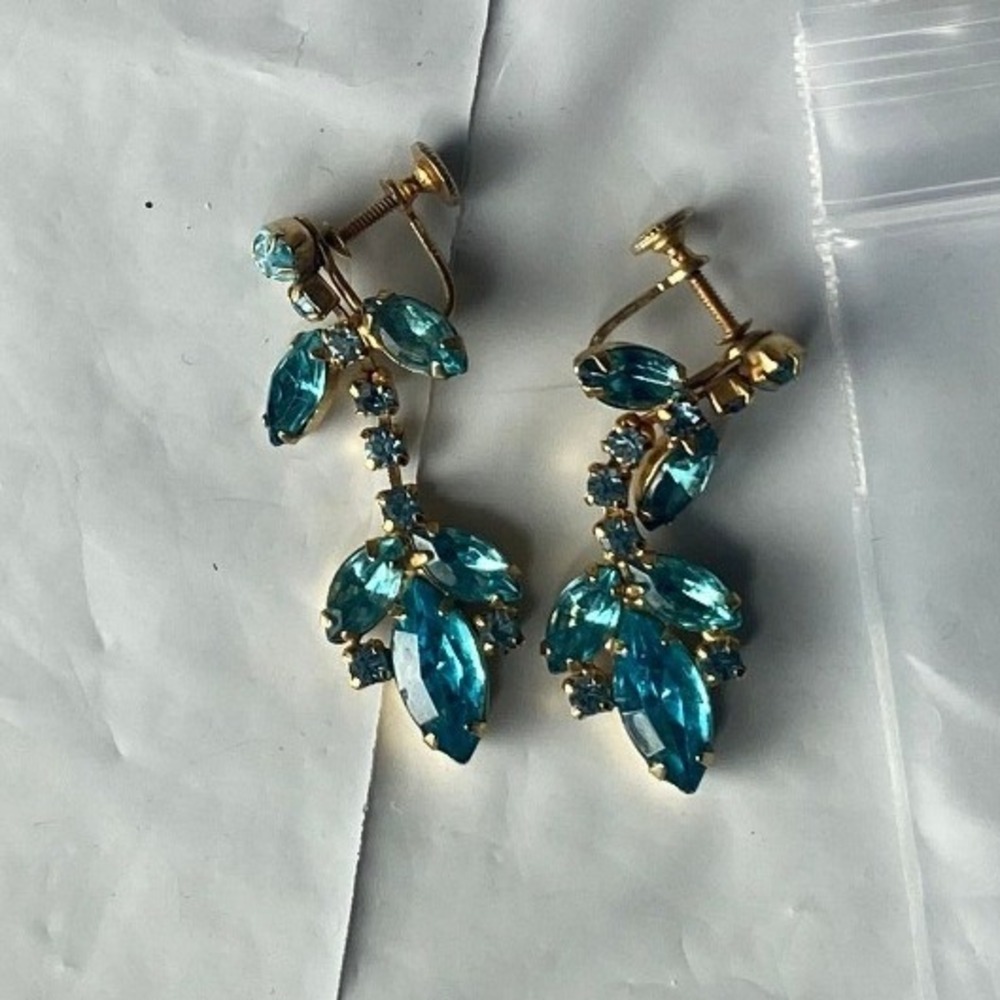 Teardrop Marquise Crystal Dangle Earrings Gold Tone Blue Rhinestone Bridal Prom
